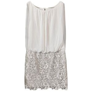 Aidan Mattox Crochet Lace Ruched Keyhole Cocktail Dress Taupe Beige Cream Size 6